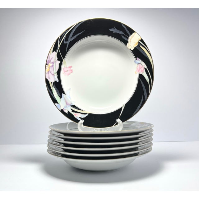Mikasa “Charisma, Black” Set of 7 Porcelain Rim Soup Bowls 8 3/8” Good vintage condition. No chips, cracks, or fleabites....