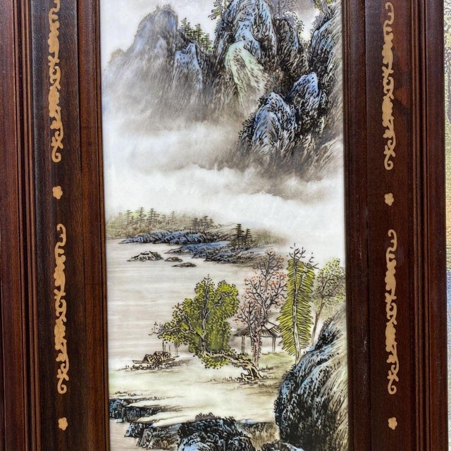 Chinoiserie Four-Panel Rosewood Framed Porcelain Plaque Wall Screen, Ink Color Mountain Landscape, Chinoiserie Wall Art Set For Sale - Image 3 of 10