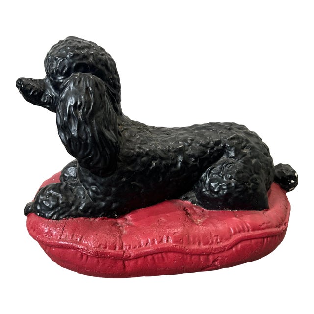 Mid-Century Modern Plaster-Painted Black Poodle on a Red Poof For Sale