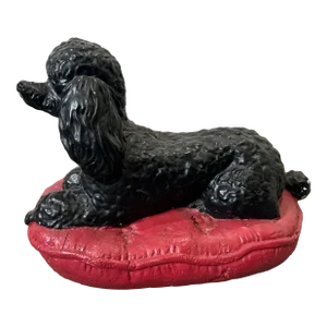 Mid-Century Modern Plaster-Painted Black Poodle on a Red Poof
