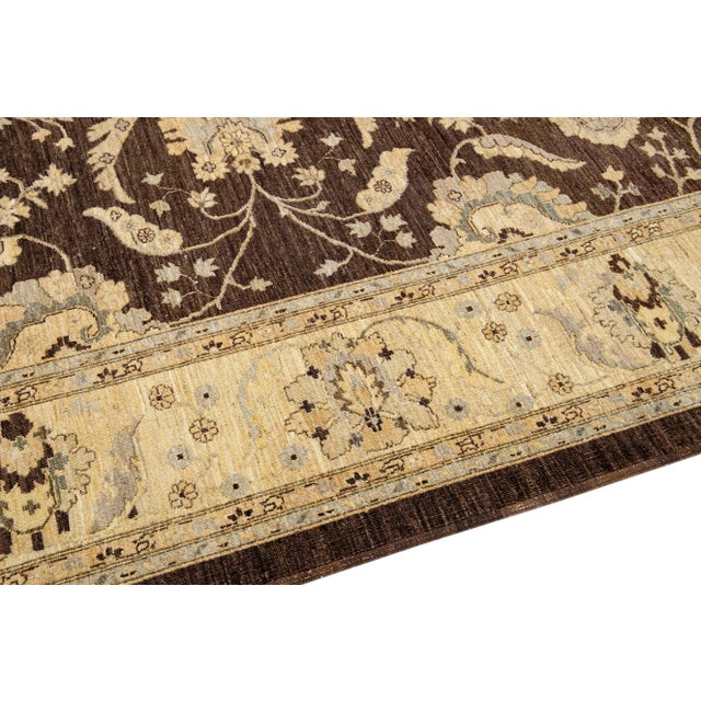 Modern Peshawar Handmade Palmettes Motif Brown Wool Rug For Sale In New York - Image 6 of 9