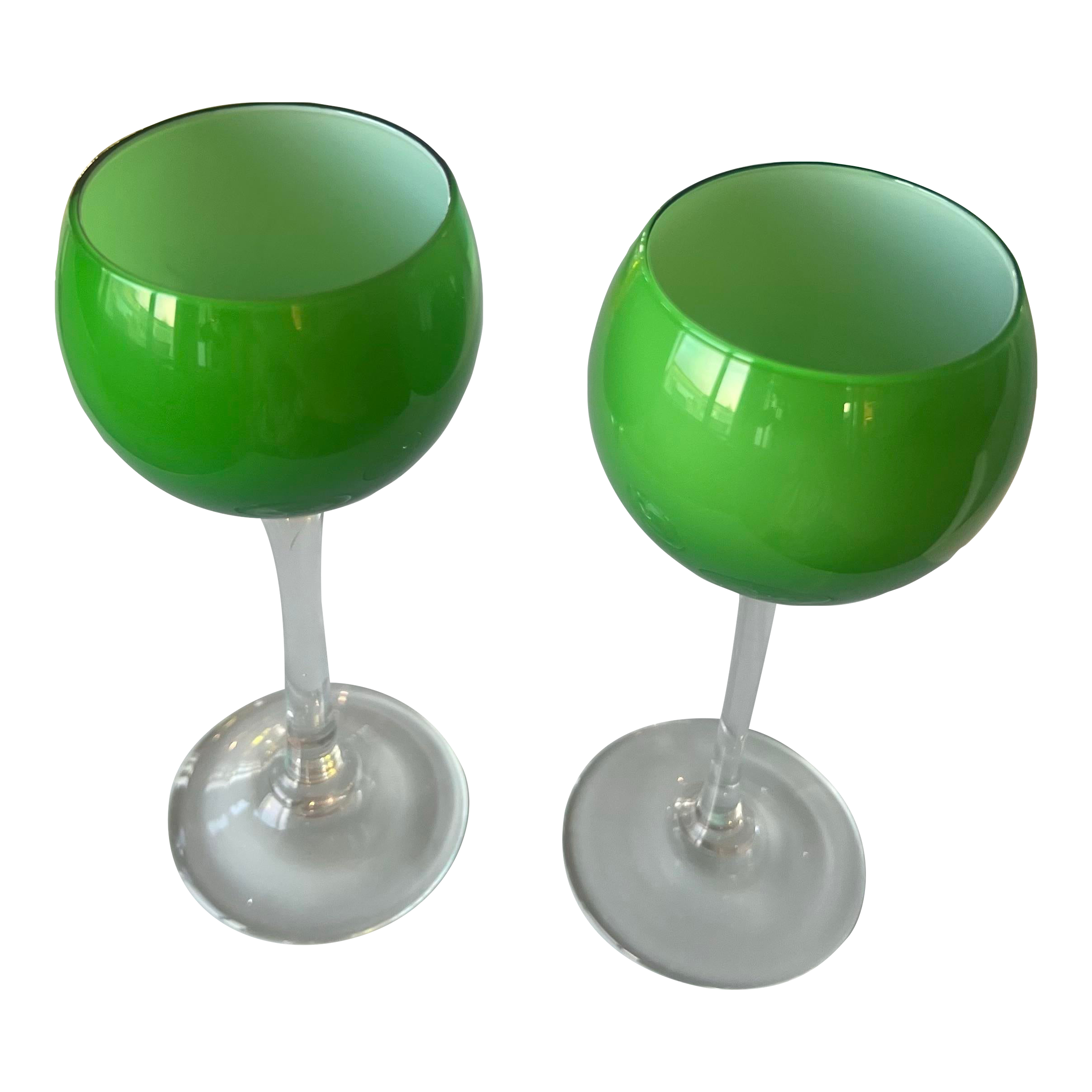1960s Carlo Moretti Cased Emerald Green and White Long Stemmed Wine Glasses  - A Pair. | Chairish