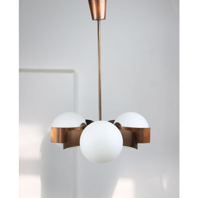 Vintage Italian Copper and Opaline Glass Chandelier For Sale - Image 6 of 18