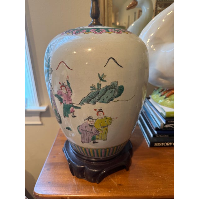 Wood Vintage Chinoiserie Lamp With Colorful Asian Figures For Sale - Image 7 of 8