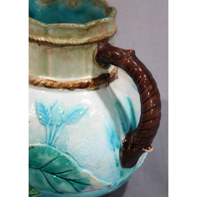 Antique Majolica Water Pitcher Samuel Lear Pond Lily Rope C 1875 Hand Painted Hanley England English Polychrome Twig Form Raised Decorations For Sale In Portland, ME - Image 6 of 9