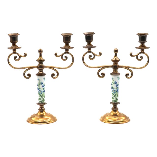 Gustavian Style Brass and Porcelain Candleholders from Skultuna, Sweden, 1981, Set of 2 For Sale