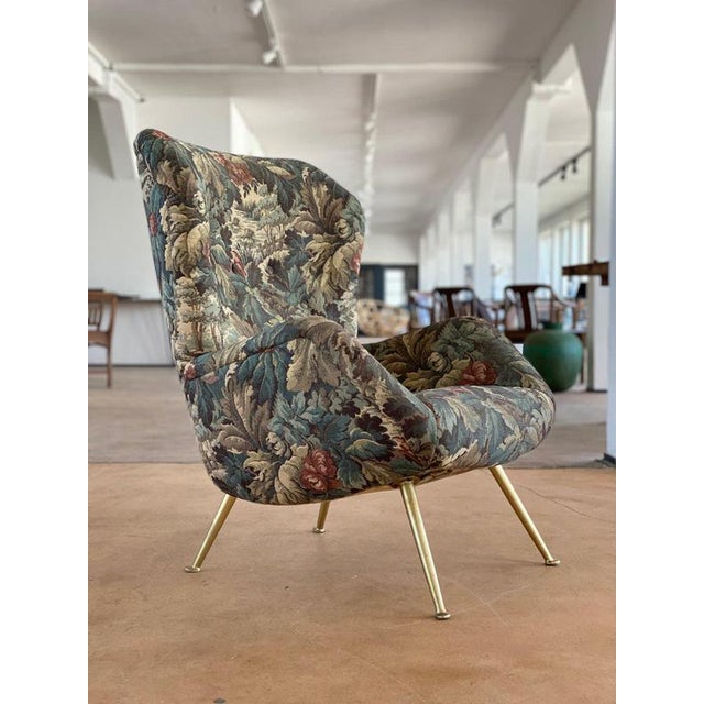 Blue Mid-Century Italian Wing Armchair with Floral Pattern in Jacquard Fabric, 1950s For Sale - Image 8 of 8