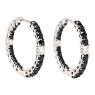 Roberto Coin 1.9ctw Black Sapphire and Diamond Hoop Earrings, 18k White Gold, A Pair For Sale