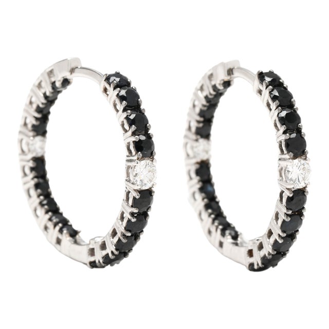 Roberto Coin 1.9ctw Black Sapphire and Diamond Hoop Earrings, 18k White Gold, A Pair For Sale
