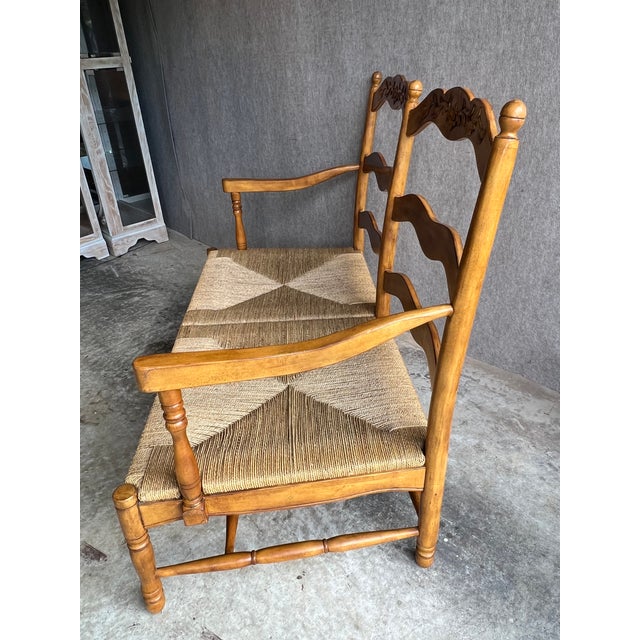 Late 20th Century Charming French Country Maple Ladderback Rush Seat Bench For Sale In Washington DC - Image 6 of 15
