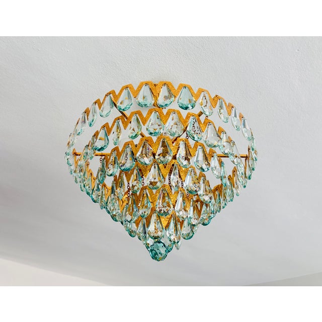 Contemporary 1960s Luxury Mid-Century Style Natural High-Gleam Solid Brass & Ice-Blue Turquoise Crystal 6-Light Flush Mount Chandelier For Sale - Image 3 of 9