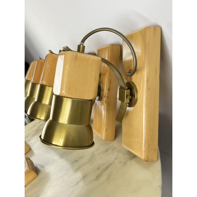 Beige Mid-Century Wood and Brass Wall Lamps, 1960s, Set of 7 For Sale - Image 8 of 15