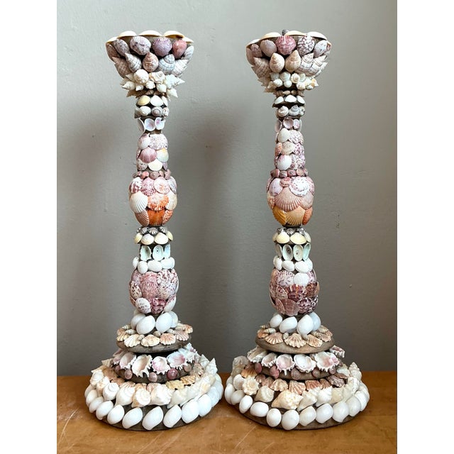 Vintage Shell Encrusted Candle Holders - Pair For Sale - Image 11 of 12