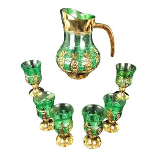 Vintage 1960s Italian Empoli Green & Encrusted Gold Pineapple Beverage Set - 7 Pieces For Sale