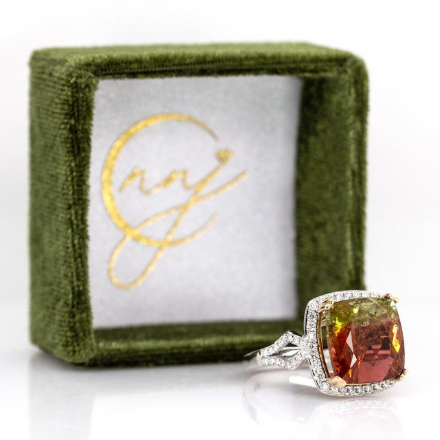 Art Deco 11cts Bi-Color Tourmaline Ring With Natural Diamond Halo in 14k Solid Dual Gold For Sale - Image 3 of 9