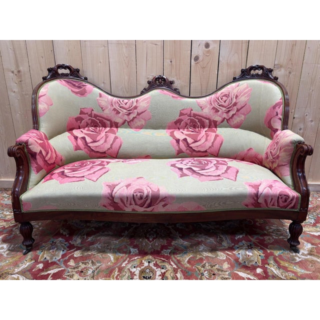 Wood Napoleon III 9-Piece Living Room Set in Mahogany with Rose Fabric For Sale - Image 7 of 11