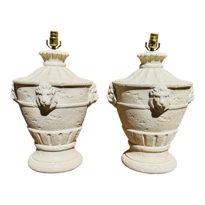 Vintage Pair of Bon Art 1990 Plaster Large Lamps With Lion Detail