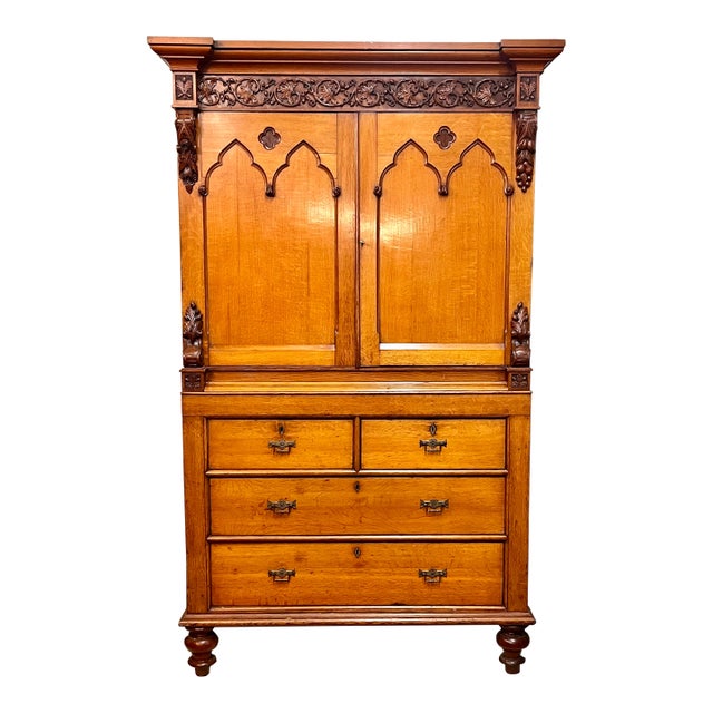 Antique Mid-1800s Oak Linen Press Cabinet For Sale
