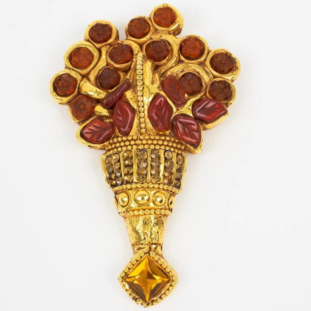 Kalinger Paris Gilded Resin and Red Cabochons Bouquet Brooch For Sale - Image 4 of 7