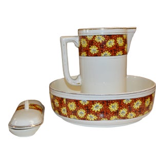 Vintage Nouvelles Usines Du Nord St. Amand France Ceramic Vibrant Floral Wash Basin & Ewer W/ Soap Dish For Sale