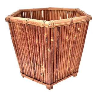 Large Vintage Bamboo Planter Cachepot - Coastal Boho Rattan Style Plant Holder For Sale