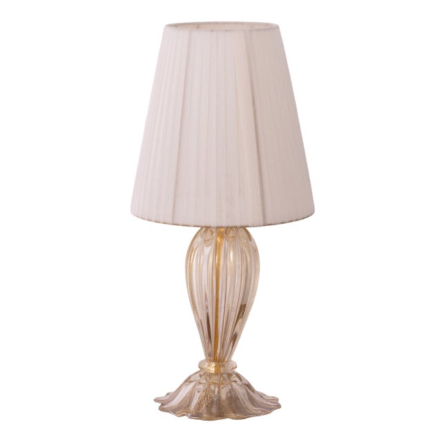 Murano Blown Glass Table Lamp with Clear Anche Gold Color with Lampshade, Italy For Sale