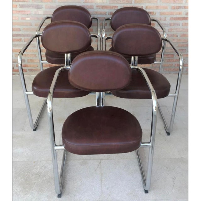 Italian Armchairs in Brown Leather and Chrome, 1980s, Set of 5 For Sale - Image 3 of 12