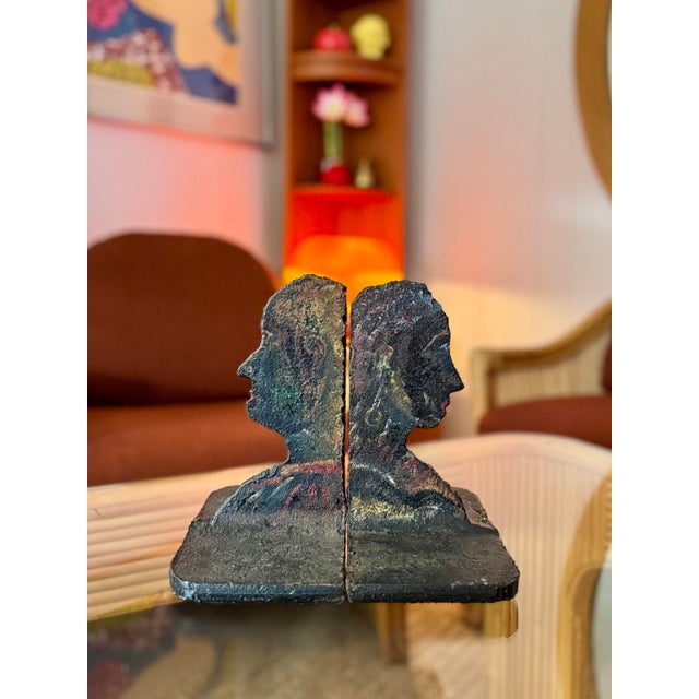 Metal A Pair of Brutalist Cast Iron Bookends Featuring Sculptural Male and Female Profile Silhouettes For Sale - Image 7 of 8