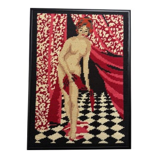 Nude Lady Boho Chic Needlepoint Framed Art Handmade For Sale