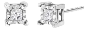 .925 Sterling Silver 1/4 Cttw Miracle Set Princess-cut Diamond Solitaire Stud Earrings, A Pair
