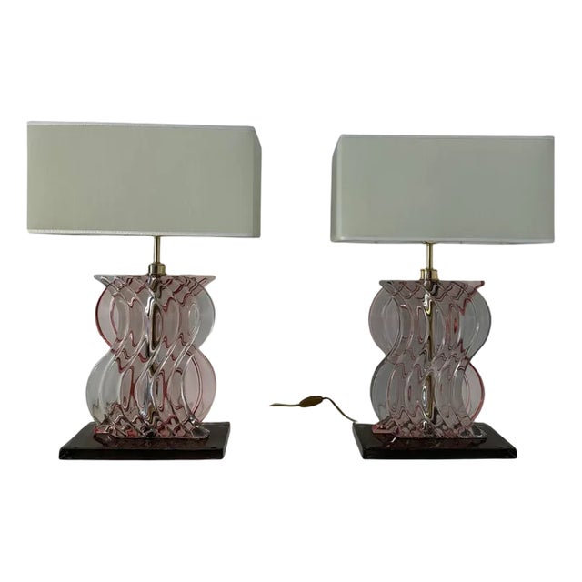 Art Deco Style Pink Murano Glass Table Lamps, 2000s, Set of 2 For Sale