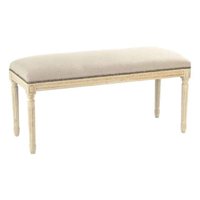 Lille Nailhead Bench in Natural Linen with Ivory Painted Frame For Sale