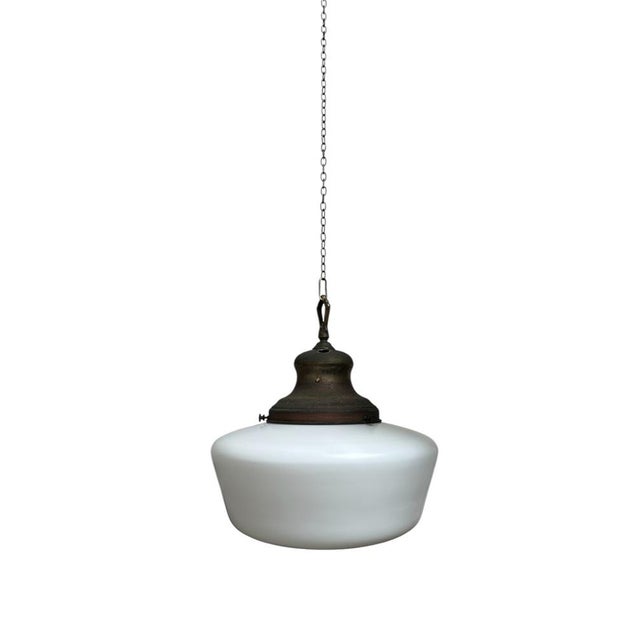 Large Antique English Opaline Milk Glass and Brass Church Pendant, 1890s For Sale - Image 5 of 12