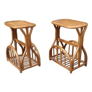 Pair of Mid 20th Century Bohochic Rattan Magazine Rack Side Tables For Sale