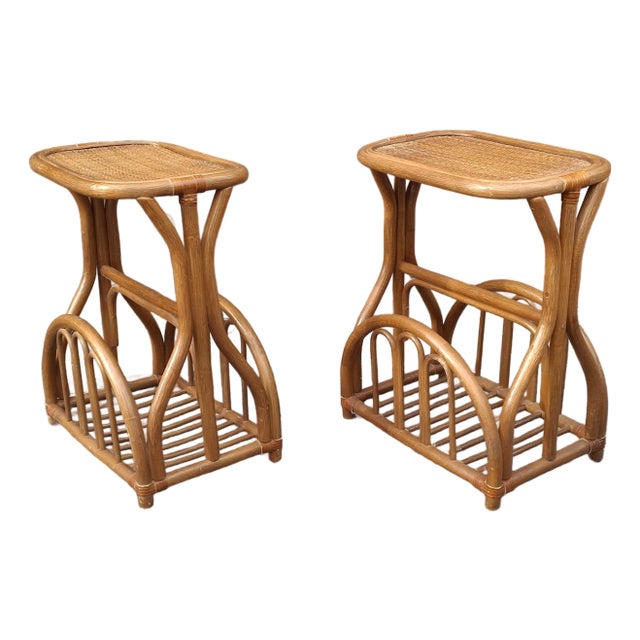 Pair of Mid 20th Century Bohochic Rattan Magazine Rack Side Tables For Sale