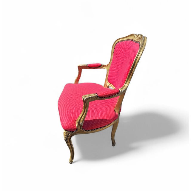 Vintage French Louis XV Style Giltwood Armchair with Rococo Carved Frame and Nailhead Trim, 1940s For Sale - Image 16 of 17