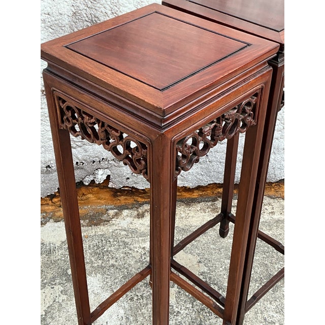 Asian Vintage Asian Carved Rosewood Pedestals - a Pair For Sale - Image 3 of 6