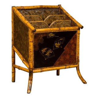 English 1900s Bamboo Leather Canterbury Magazine Rack with Chinoiserie Motifs For Sale