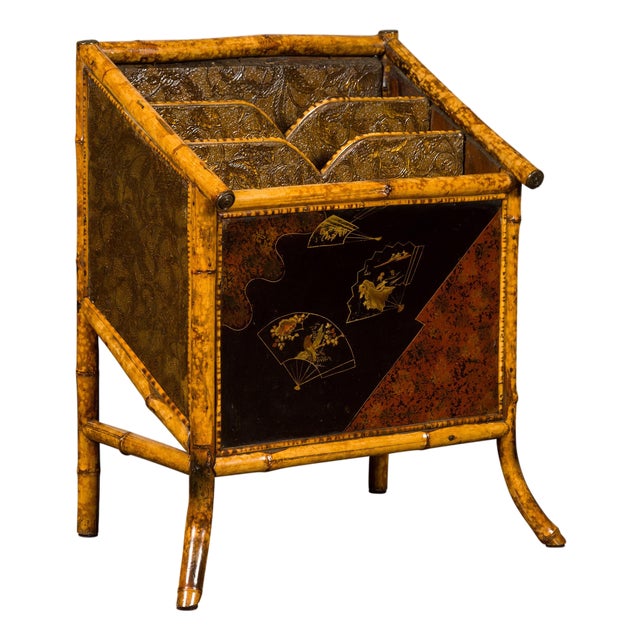 English 1900s Bamboo Leather Canterbury Magazine Rack with Chinoiserie Motifs For Sale