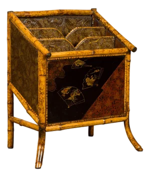 English 1900s Bamboo Leather Canterbury Magazine Rack with Chinoiserie Motifs