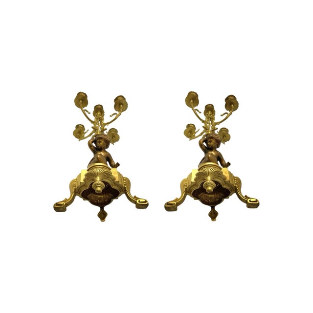 Mid 20th Century Candelabra Pair Brass 4 Arms With Cherub Angel Figures Vintage French Decor For Sale - Image 9 of 9