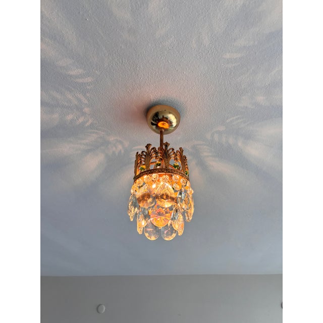 Vintage Small Brass & Emerald Green Crystal Crown Flush Mount – 1 Light For Sale - Image 11 of 18