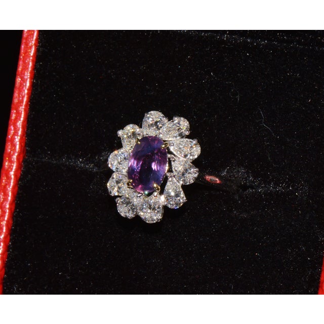 Gia Certified 3.15ct No-Heat Purple Pink Sapphire & Diamond 18k Gold Halo Ring, Size 6.5 For Sale - Image 13 of 18