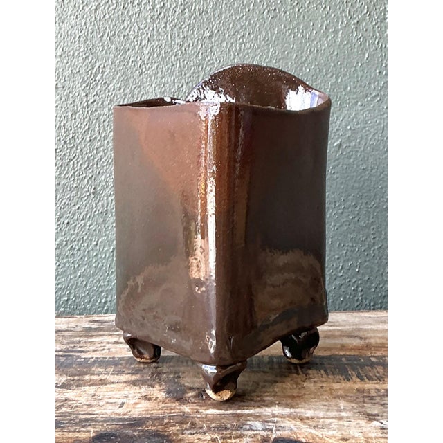 Vintage Handcrafted Brown Pottery Vase For Sale - Image 10 of 14