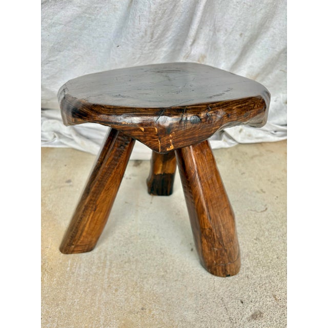 Mid 20th Century French Walnut Brutalist Tripod Stool For Sale - Image 6 of 12