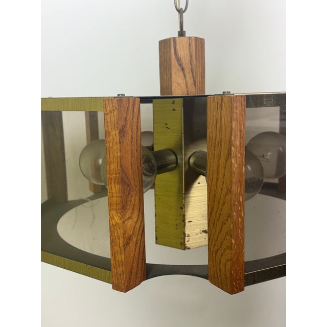 Mid-Century Modern 1970s Fredrick Ramond Hexagonal Brass Oak Wood Smoke Glass Chandelier For Sale - Image 3 of 11