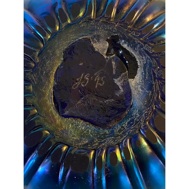 1990s Iridescent Blue Ribbed Art Glass Vase For Sale - Image 5 of 5