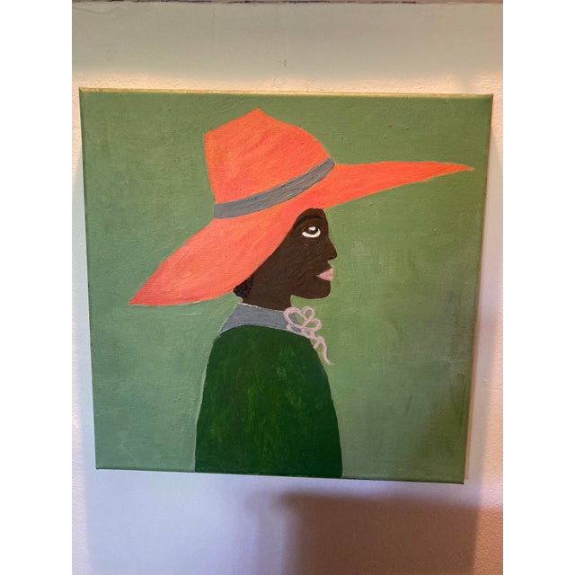 Textile Original Folk Art Style Painting of ‘Girl in Tangerine Hat’ For Sale - Image 7 of 7