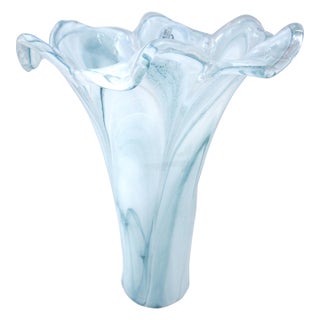 Tall 15.5” Murano Italian Blown Glass Fazzoletto Lily Vase – Aqua Alabastro Swirl For Sale