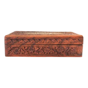 Vintage Hand Carved Rectangular Inlaid Wood Trinket Box